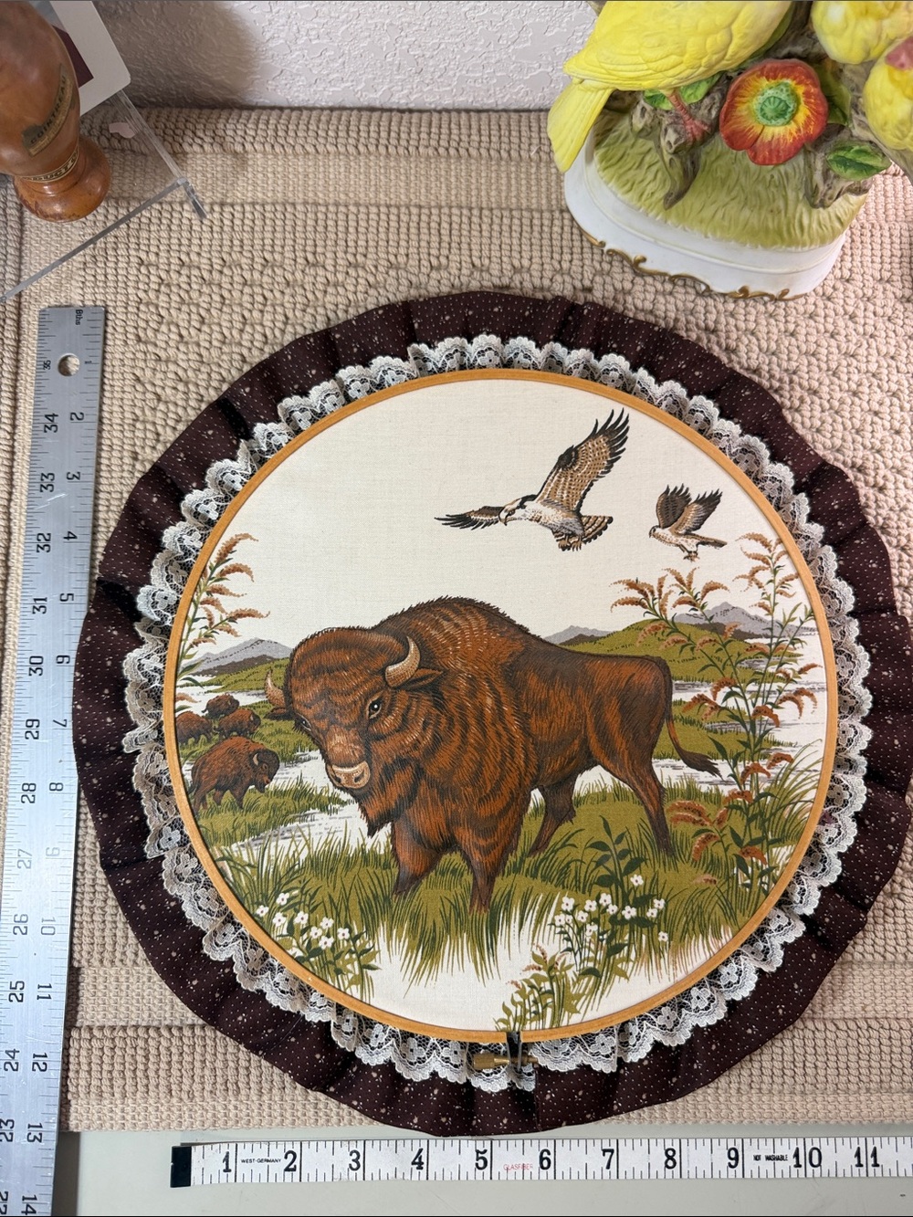 Vintage Embossed Buffalo Bison Wall Art Hoop Western Americana made in Taiwan